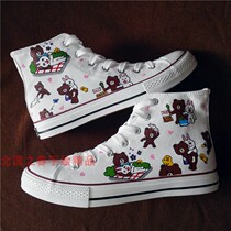 Pull-back canvas shoes modified high-top hand-painted shoes for women and men Brown Bear and Coni Rabbit cartoon pictures graffiti shoes customization