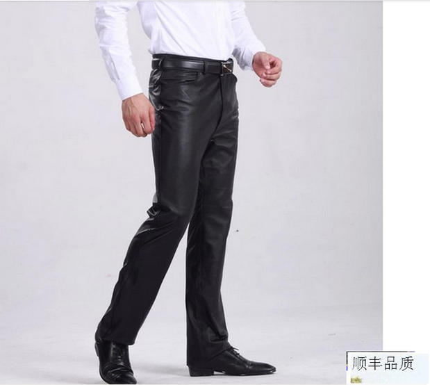Mùa thu đông siêu quần da nam cộng với nhung dày mỏng thả lỏng thẳng trung niên eo cao ngồi xổm xe máy quần ống bó cho nam