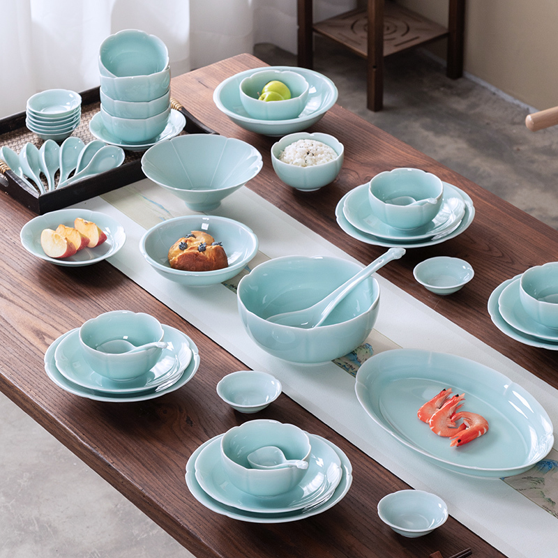 Mud-Traced Celadon Tableware Set, Chinese Song-Style Ceramic Bowls, Plates, and Dishes Set, Household Rice Bowls, Simple and High-End Gift Box