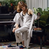 Осенняя пижама, хлопковый комплект, сексуальный лонгслив для принцессы, длинный демисезонный банный халат, 3 предмета, свободный крой