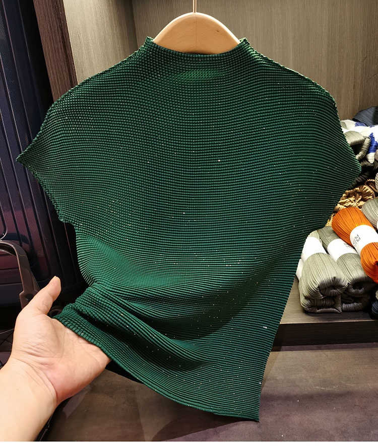 Áo phông nữ cổ đứng nhỏ xếp ly hạt ngô, chất liệu co giãn thoáng khí mùa hè — Xanh lam nhạt, Đỏ rượu, Màu cam, Màu xám khói chi tiết 24