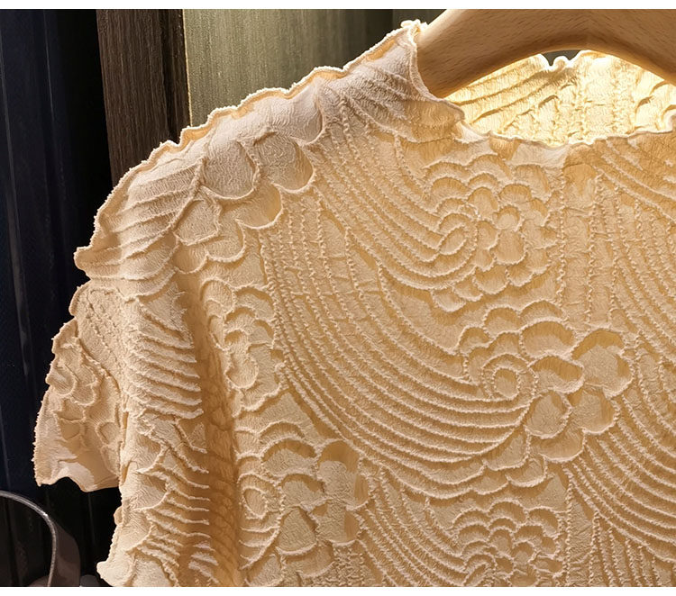Áo thun nữ cổ tròn tay ngắn họa tiết mây cổ điển xếp ly viền bèo nhún — Màu đen, X mơ, Màu hồng, Màu xanh đậm chi tiết 30