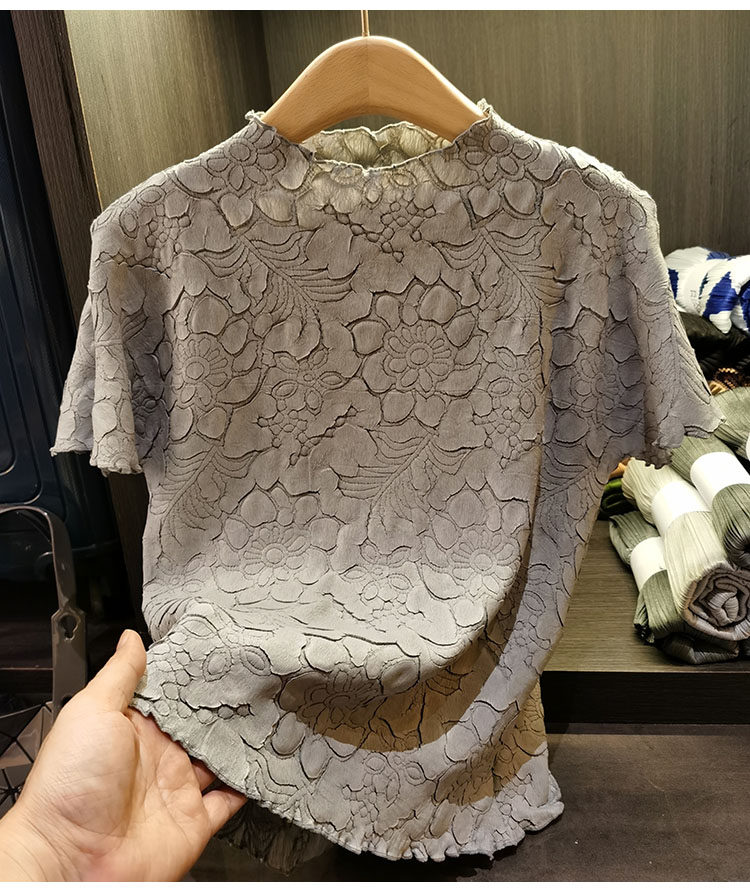 Áo thun nữ cổ đứng họa tiết hoa sen nổi 3D mặc hai mặt — Màu đen, Màu trắng be, Màu hồng, Màu xanh đậm chi tiết 30