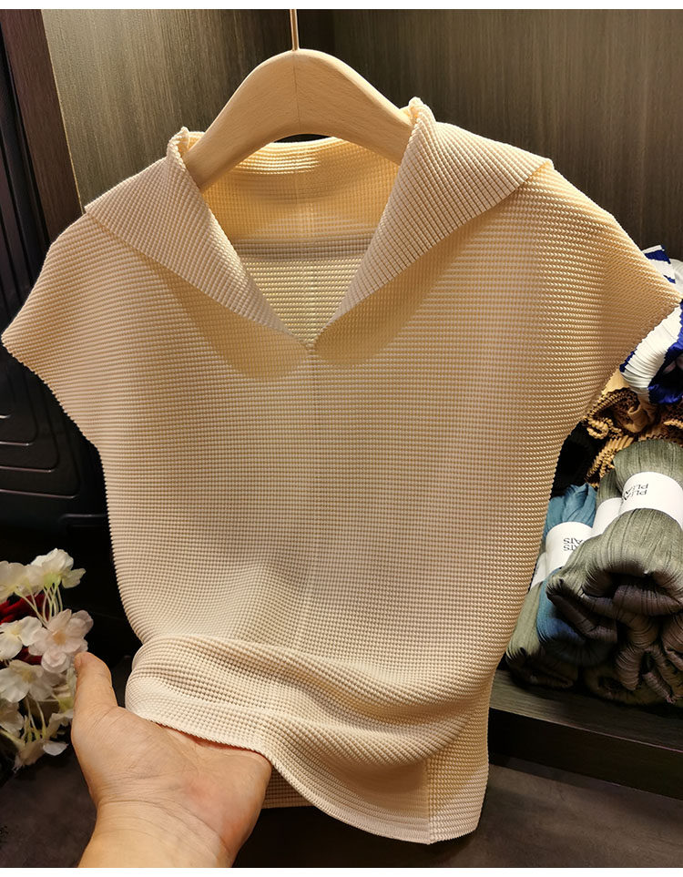 Áo thun cổ chữ V xếp ly dáng ôm thanh lịch nữ — Màu xanh lam nhạt, Màu xanh lục, Màu đen, Màu cam chi tiết 8