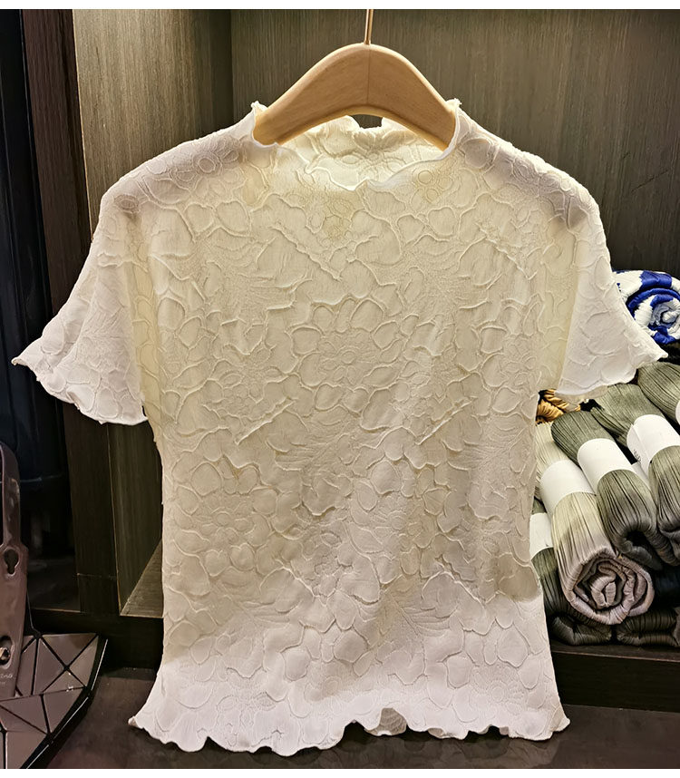 Áo thun nữ cổ đứng họa tiết hoa sen nổi 3D mặc hai mặt — Màu đen, Màu trắng be, Màu hồng, Màu xanh đậm chi tiết 18