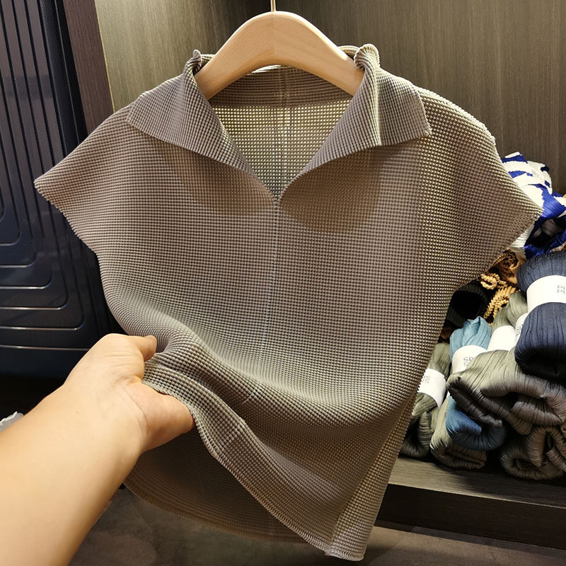 Áo thun cổ chữ V xếp ly dáng ôm thanh lịch nữ — Màu xanh lam nhạt, Màu xanh lục, Màu đen, Màu cam chi tiết 14