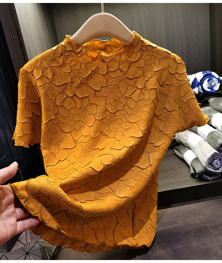 Áo thun nữ cổ đứng họa tiết hoa sen nổi 3D mặc hai mặt — Màu đen, Màu trắng be, Màu hồng, Màu xanh đậm chi tiết 23