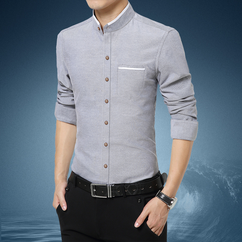 Chinese-Style Stand-Up Collar Shirt for Men, Long-Sleeved, Slightly Collarless, Trendy Business Casual, No-Iron Round-Neck Gray Shirt Chinese-Style Stand-Up Collar Shirt for Men, Long-Sleeved, Slightly Collarless, Trendy Business Casual, No-Iron Round-Neck Gray Shirt