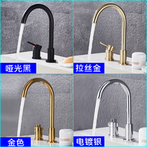 All-copper double-hole split button thermostatic faucet Brushed gold raised rotating basin Kitchen basin faucet