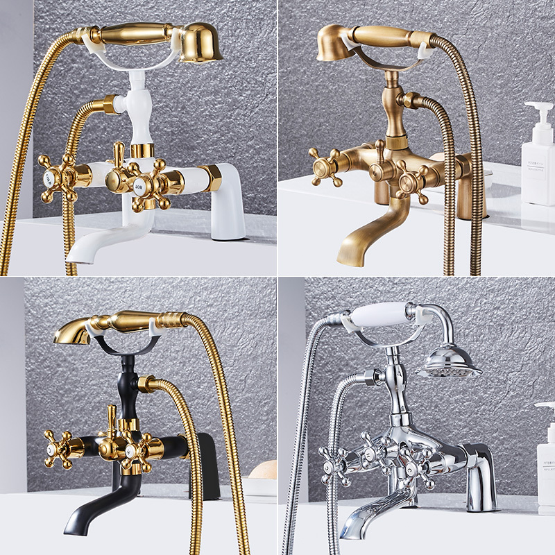 Classical Telephone-Style Double-Column Gold Imperial Concubine Bathtub Side Faucet, Standing Shower Head, European-Style Hand Spray