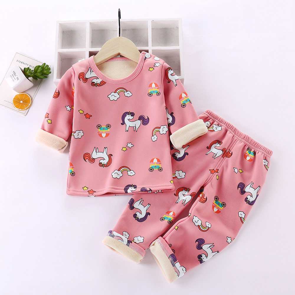 Spring and autumn children's plus velvet underwear set winter long-sleeved autumn clothes autumn trousers children thickened men and women home sleep clothes (1627207:9379105221:sort by color:Set rainbow pony;122216343:3339140:Reference Height:90cm)