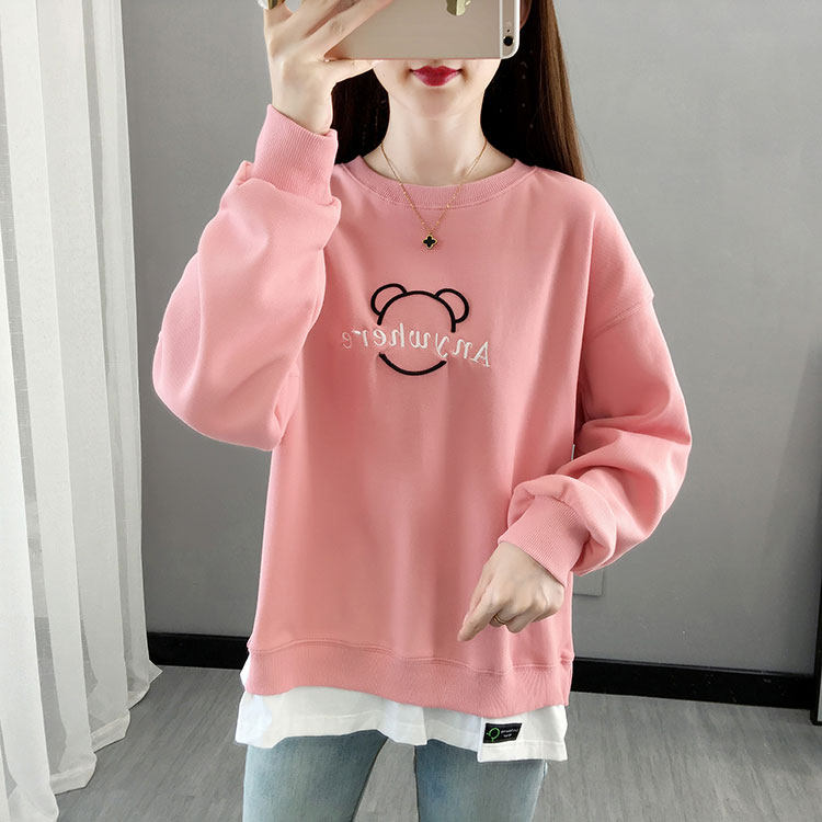 Pregnant women's autumn clothes small men go out fashion 2022 spring and autumn tops women's loose age-reducing Western style stitching fake two pieces