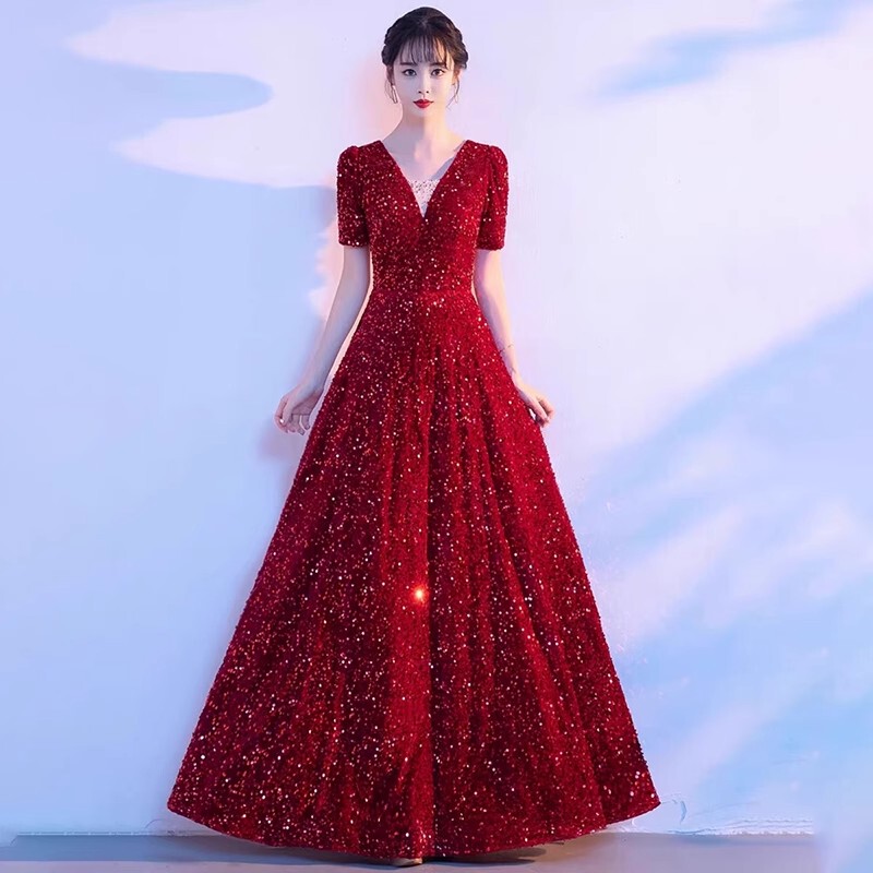 Choir Performance Costumes, Student Singing Red Song Competition Long Skirts, Adult Poetry Recitation Sequin Performance Costumes, Host Dresses