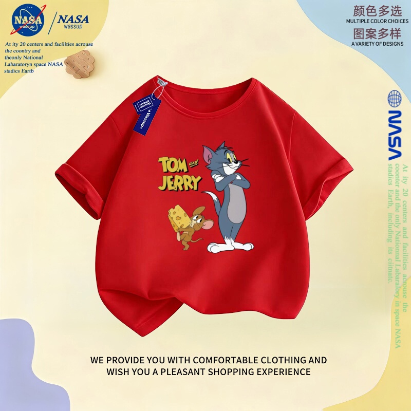 Nasa Co-Branded Tom and Jerry Round-Neck Short-Sleeved T-Shirt for Boys and Girls, Students, Summer Jerry Tom Pure Cotton Clothing Nasa Co-Branded Tom and Jerry Round-Neck Short-Sleeved T-Shirt for Boys and Girls, Students, Summer Jerry Tom Pure Cotton Clothing