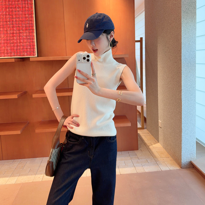 Mandy Ma Hollywood Vest M.Oro Wool Cashmere High Neck Slimming Sleeveless Knitted Sweater for Women Autumn