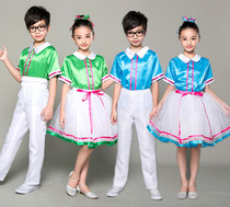 New Years Day Boy and Daughter Kindergarten Childrens Choir Show Clothing Primary and Secondary School Students Recite Clothing Green Blue Set