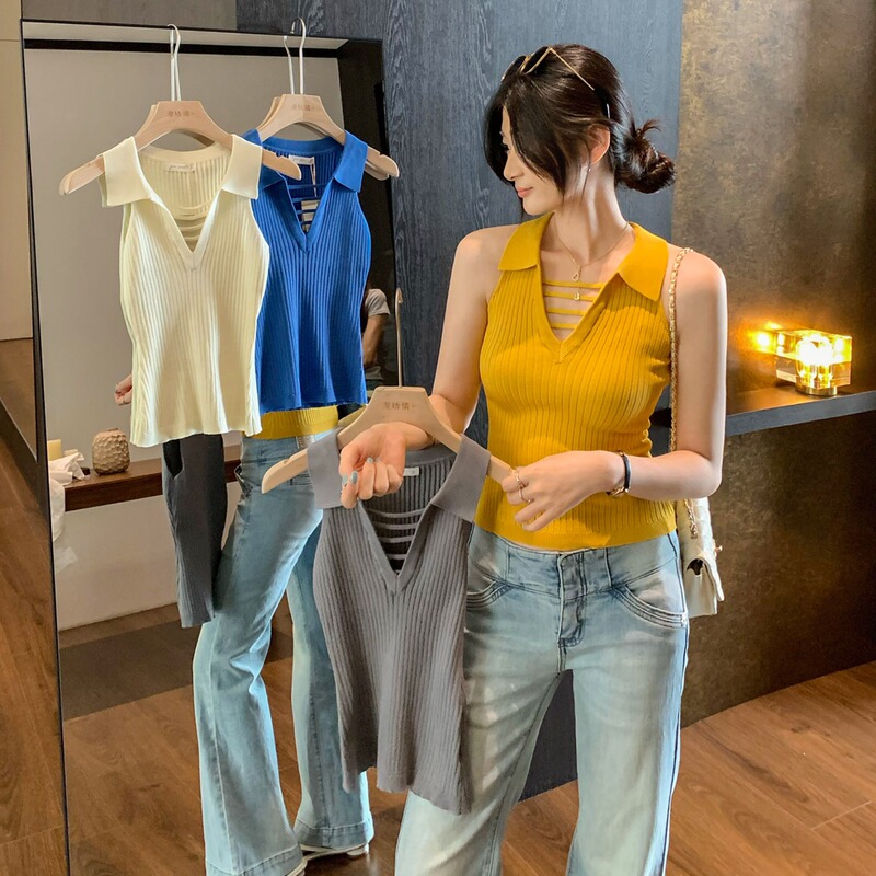 Trendy Hollow-Out Polo Collar Sleeveless Knit Vest for Petite Women, Stylish Design, Age-Reducing, Slimming Yellow Sleeveless Top