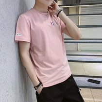 Short sleeve T-shirt for men Korean version Trend casual letter printed pink 2022 spring summer season student 100 hitch half sleeve