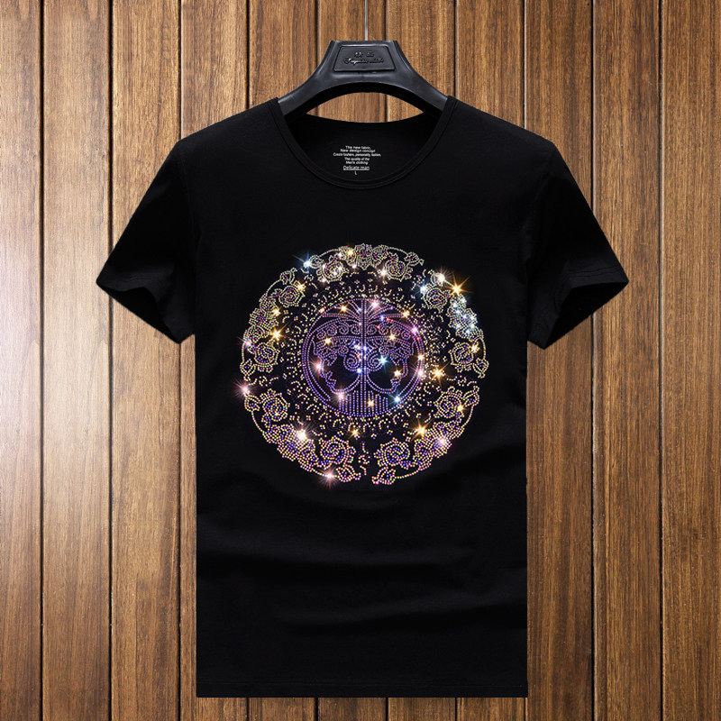 Fanjia 2026 Summer New Men's Rhinestone Short-Sleeve T-Shirt, Stylish Slim-Fit Half-Sleeve Trendy Crew Neck Tee for Young Men