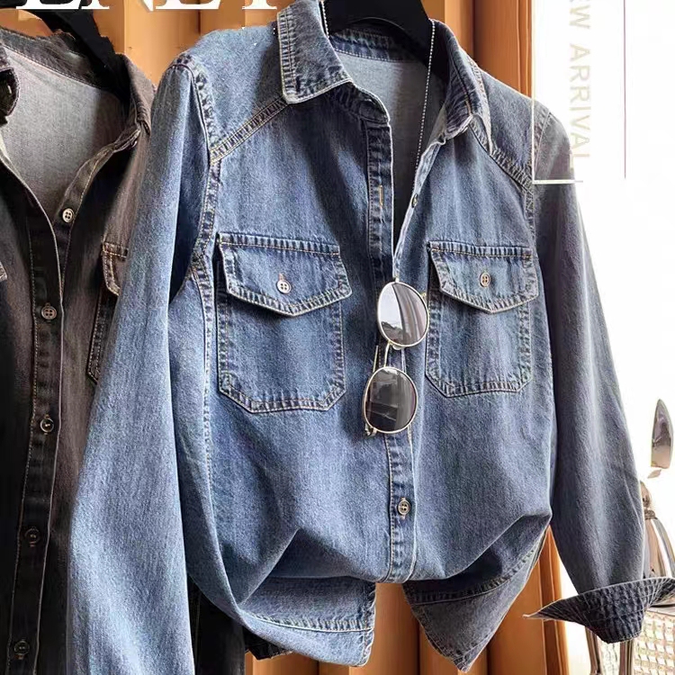 Spring and Autumn New Women's Layered Shirts, Cotton Washed Long-Sleeved Shirts, Simple and Versatile Denim Shirts, Thin Tops