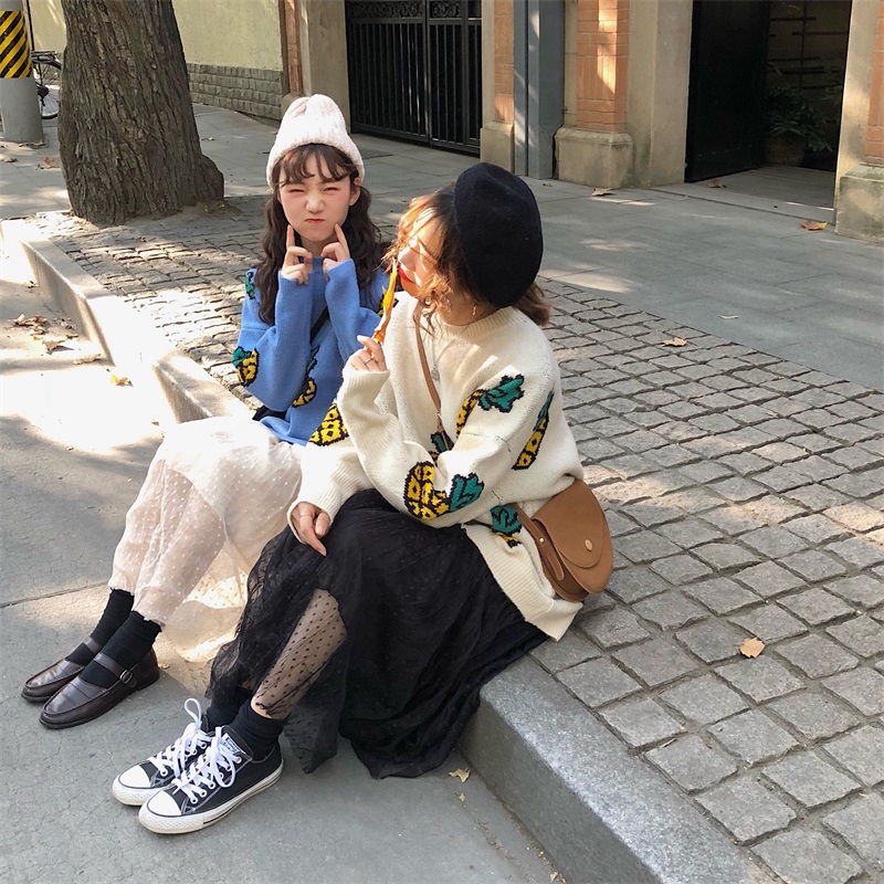 VK旗艦店 韓國風寬鬆圓領菠蘿毛衣長袖上衣