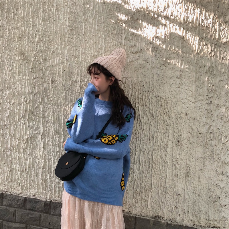 VK旗艦店 韓國風寬鬆圓領菠蘿毛衣長袖上衣