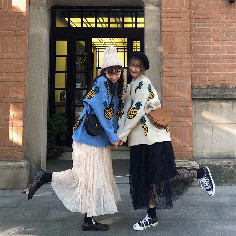 VK旗艦店 韓國風寬鬆圓領菠蘿毛衣長袖上衣