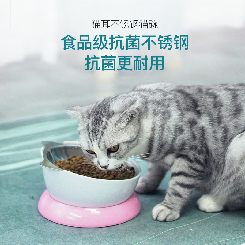 Pet bowl high-footed cat bowl stainless steel anti-black chin oblique bowl cervical vertebra cat bowl pink cyan with export
