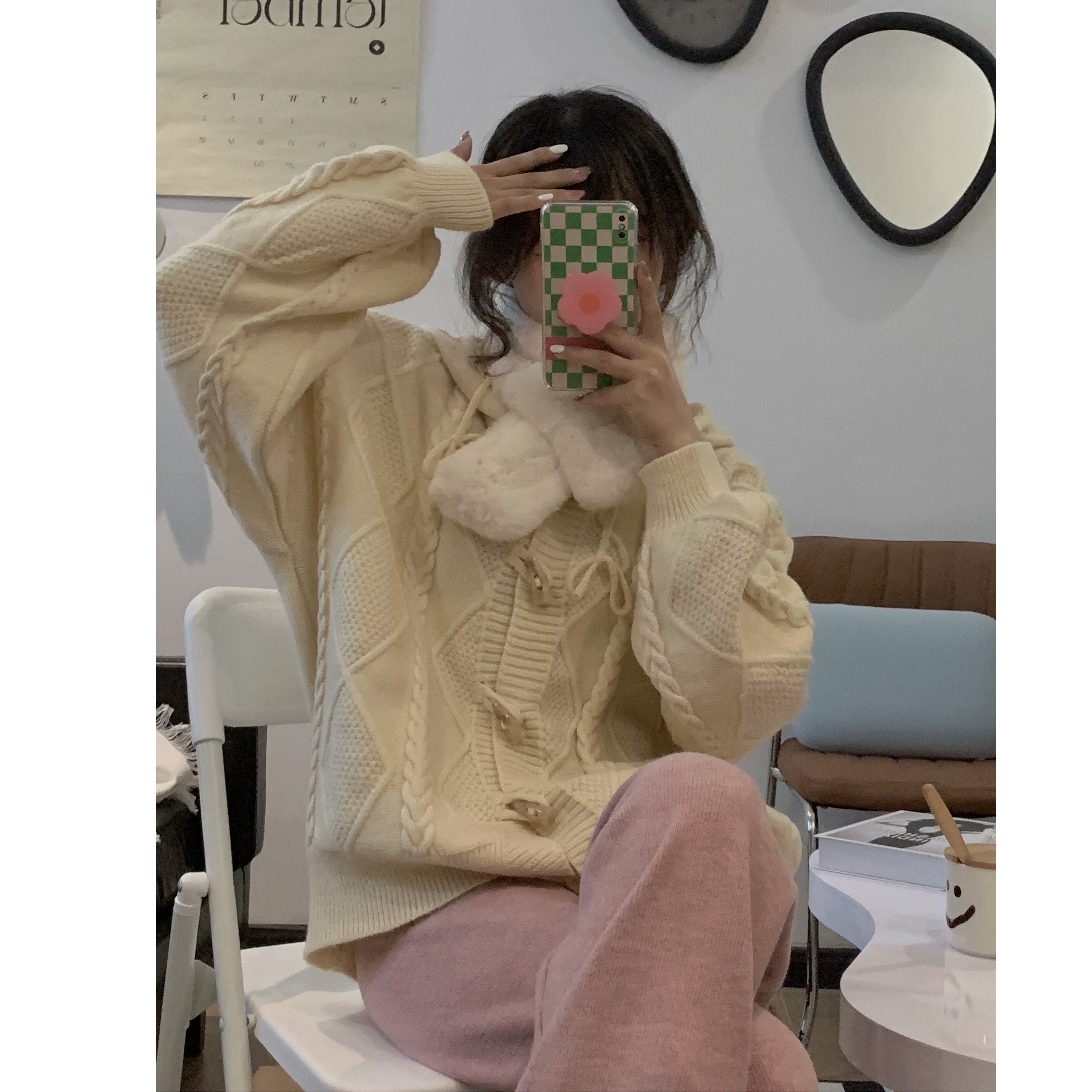 Retro horn button lazy wool cardigan coat soft waxy twist hooded sweater women