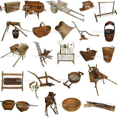 Old folk items such as bicycles, windmills, wooden plows, rice scoops, buckets, bamboo hats and rain capes, nostalgic rural farming culture and farm tools