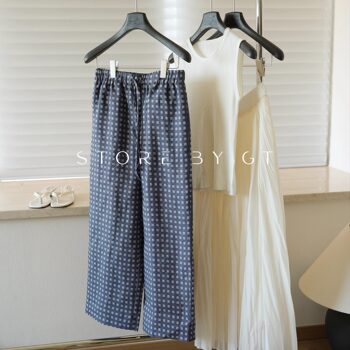100% hemp ພິມ pants ເກົ້າຈຸດຊື່, ຮູບສີ່ຫຼ່ຽມມົນເລຂາຄະນິດຂະຫນາດນ້ອຍພິມ elastic pants, ກາງເກງ hemp, ໂຄງສ້າງກວ້າງ