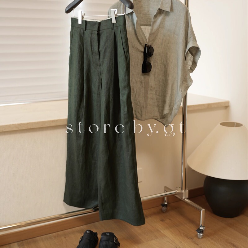 Washed Rain Dew Linen High-Waisted Straight-Leg Pants, Custom-Dyed Dark Green Vintage Old Money Style, High-End Minimalist 2026 New Model Washed Rain Dew Linen High-Waisted Straight-Leg Pants, Custom-Dyed Dark Green Vintage Old Money Style, High-End Minimalist 2026 New Model