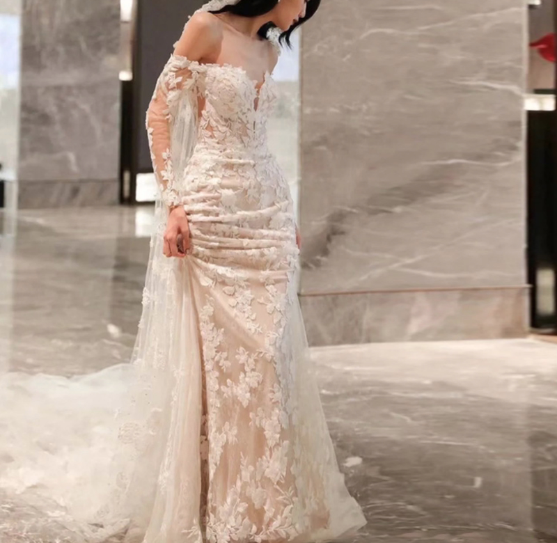 French-Style Fishtail Lace Light Wedding Dress, Off-Shoulder Bridal Niche Ceremony Dress, Outdoor Wedding Evening Gown French-Style Fishtail Lace Light Wedding Dress, Off-Shoulder Bridal Niche Ceremony Dress, Outdoor Wedding Evening Gown