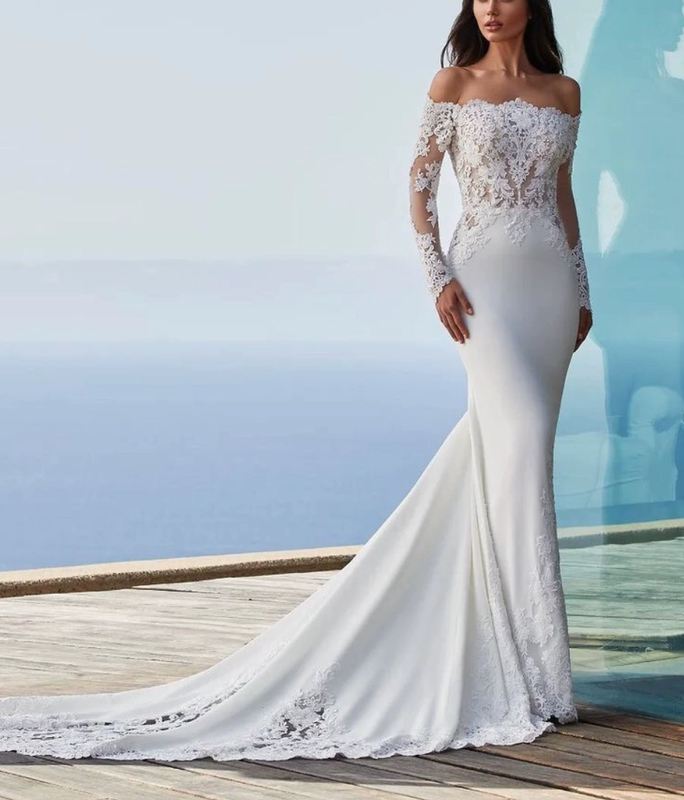 French-Style Off-The-Shoulder Satin Long-Sleeve Lace Mermaid Light Wedding Dress with a Vintage, Simple, and Elegant Design, Featuring a Small Train for the Reception French-Style Off-The-Shoulder Satin Long-Sleeve Lace Mermaid Light Wedding Dress with a Vintage, Simple, and Elegant Design, Featuring a Small Train for the Reception