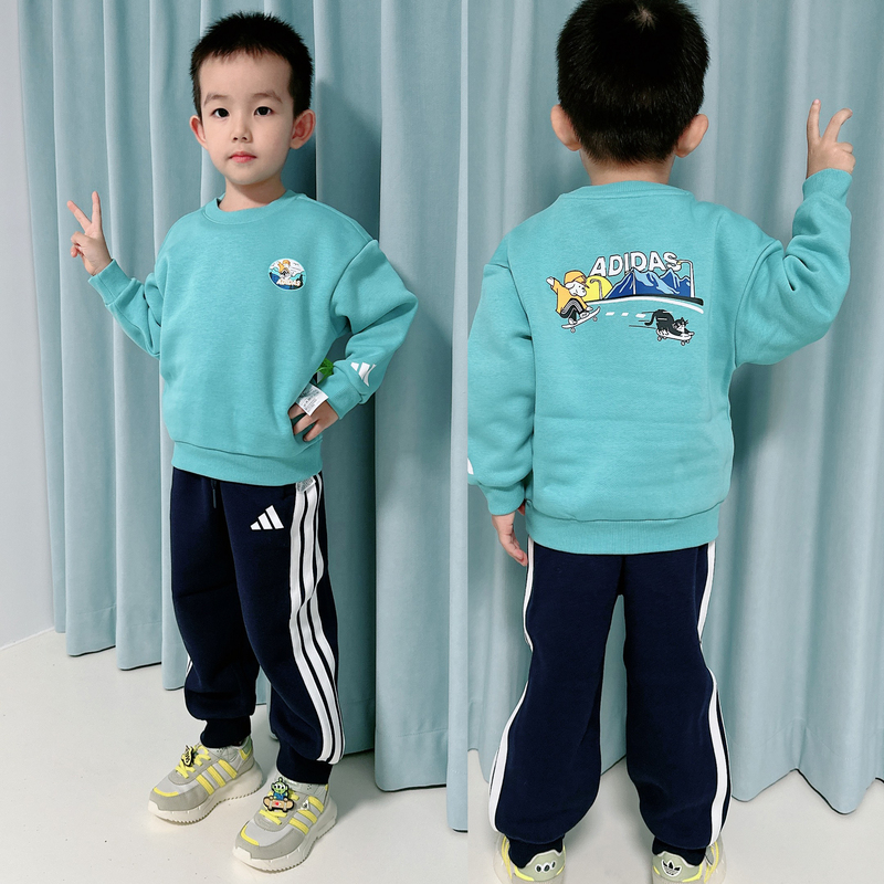 Adidas Genuine Children's Clothing 25 Autumn and Winter New Boys and Girls Fleece-Lined Comfortable Versatile Sweatshirt Set Kc2822