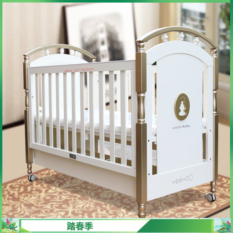 Inn Crib Golden Luxury Bed Newborn Solid Wood Child Bed Baby Sleeping bed European-style bed with memory brown cushion-Taobao