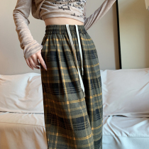 Retro yellow-green plaid wide-leg trousers for women spring and autumn new high-waisted loose slim lazy narrow version drapey floor-length trousers