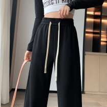 Black sports wide-leg pants for girls in autumn high-waisted narrow version casual sickle straight banana sweatpants for small people