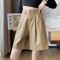 Khaki leather shorts for women 2024 autumn and winter PU Korean style leather pants a-line high waist loose slimming wide leg five-point medium pants