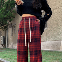 美式辣妹复古红格子阔腿裤女高腰垂感显瘦拖地裤直筒小个子休闲裤