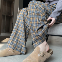 American retro Tencel cotton plaid wide-leg pants for tall women in autumn loose slimming casual pants straight-leg floor mopping pants
