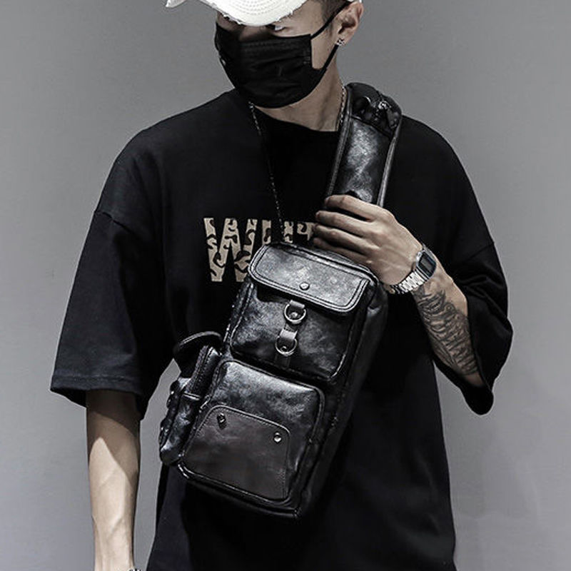 Chest Bag for Men, Genuine Leather, Casual Men's Shoulder Crossbody Bag, Sports Waterproof, Fashionable Trendy Brand Small Backpack