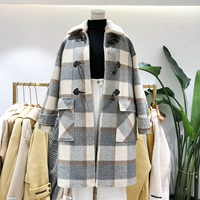 2018 mùa thu và mùa đông mới áo khoác lông cừu mềm mại lông cừu nữ khóa sừng dài áo khoác tartan áo mangto nữ