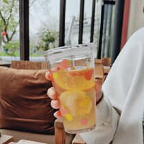 Glass Cups Straws Portable Water Glass Ins Wind Juice Milk Tea With Lid Drink Water Transparent Cute Womens Milk Cups