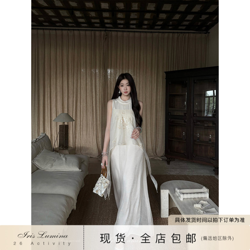 Iris Lumina [Fuxian] New Chinese-Style Bead Embroidery Dress, Summer Elegant Irregular Sleeveless Long Dress