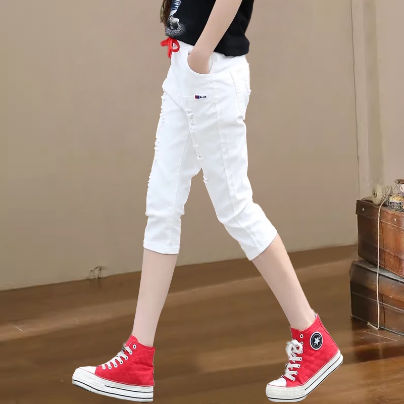 2026 Summer Thin White Ripped Cropped Pants New Style Outerwear Jeans Women's High-Waisted Harem Pants