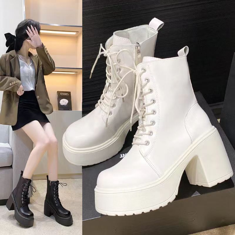 Round-Toe Chunky Heel Lace-Up Martin Boots for Women, High-Heeled Waterproof Platform Thick-Soled Short Boots for Petite Women, Vintage White Soft Leather Boots