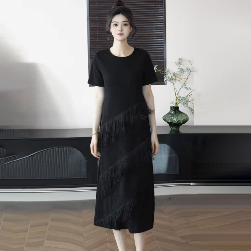 French-Style Pleated Tassel Hollow-Out Dress for Women, 2026 Summer New Style, Loose Fit, Slimming, High-End Mid-Length Dress