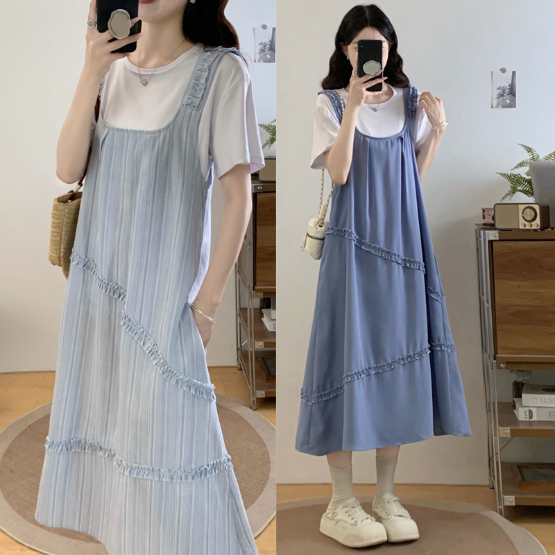 Maternity Wear 2026 New Summer Dress, Fashionable and Stylish Plus-Size Suspender Dress Two-Piece Set to Cover the Belly