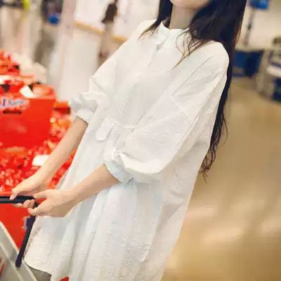 Pregnant women's shirts Autumn loose medium and long version of professional dresses pure cotton large size tops spring and autumn pregnant women's white shirts
